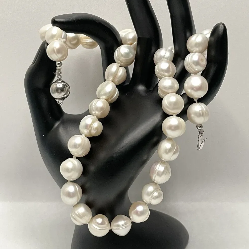 Stunning Large Freshwater Pearl Beaded Knotted Necklace Sterling Silver Clasp